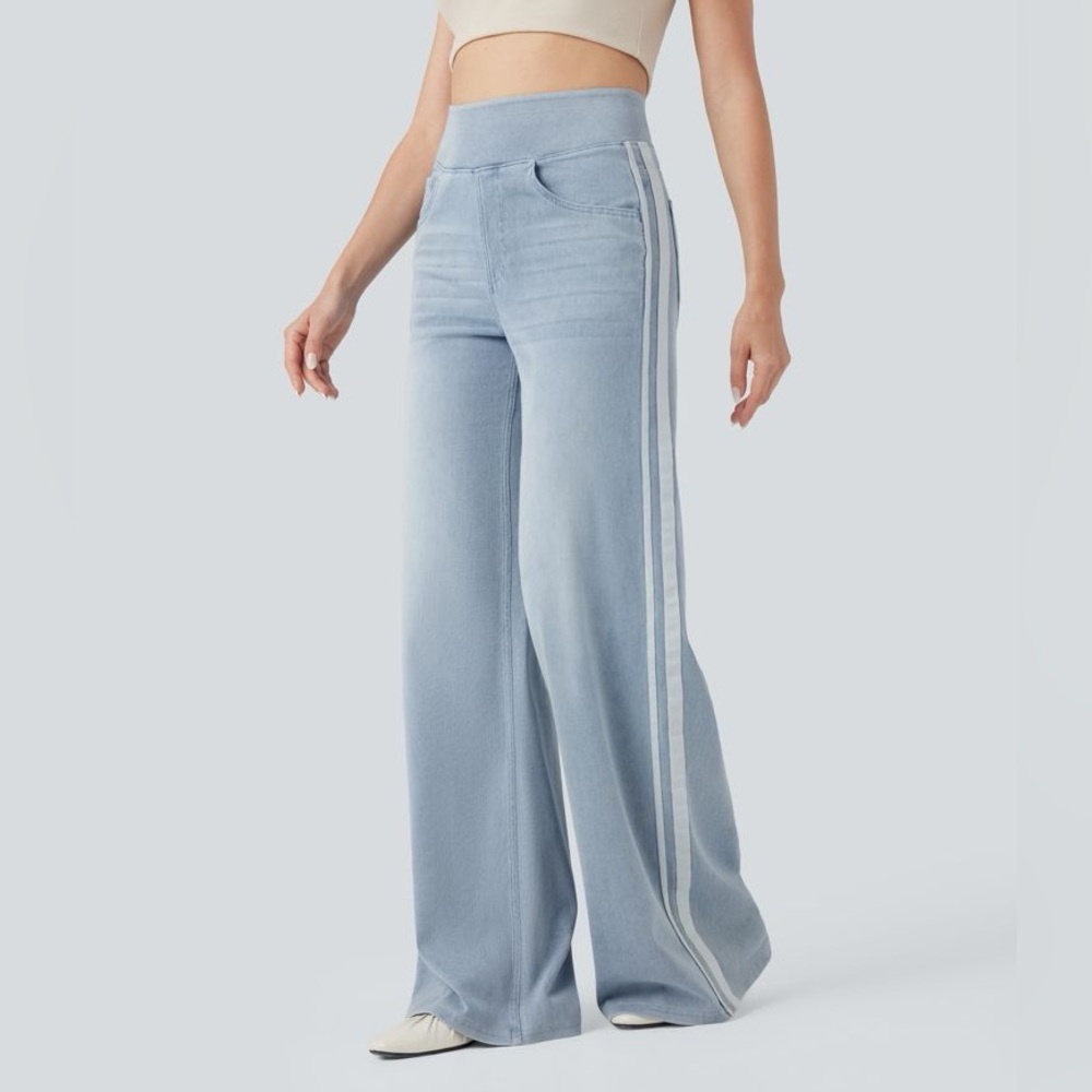 Halara FlexHigh Waisted Striped Wide Leg Flowy Washed Casual Jeans Denim Size M